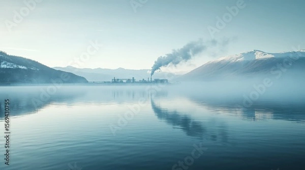 Fototapeta Serene Morning: The tranquil scene of a still lake reflects the sky, mountains, and a distant factory emitting a plume of smoke, suggesting the balance between industrial influence and natural beauty.