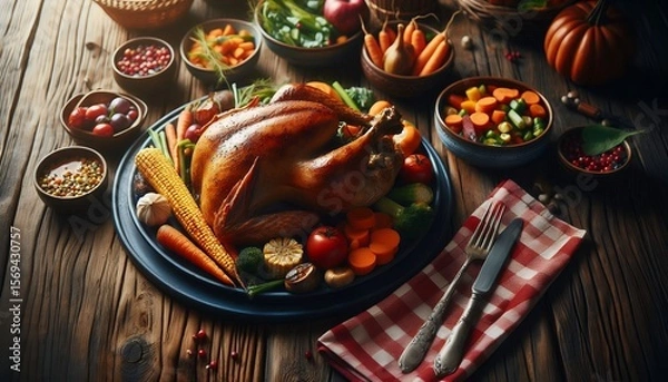Fototapeta Traditional Thanksgiving Feast with Roasted Turkey and Autumn Harvest Sides 8K Resolution
