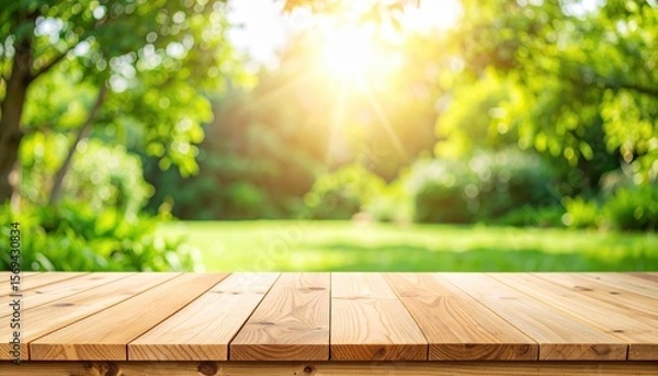 Fototapeta Wooden Table with Lush Green Background: A rustic wooden table offers a perfect platform to display products, set against a backdrop of a vibrant, sun-drenched garden.