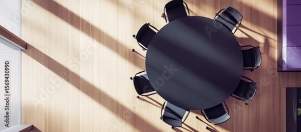 Fototapeta Modern Office Conference Room: Top-Down View of a Round Table and Chairs