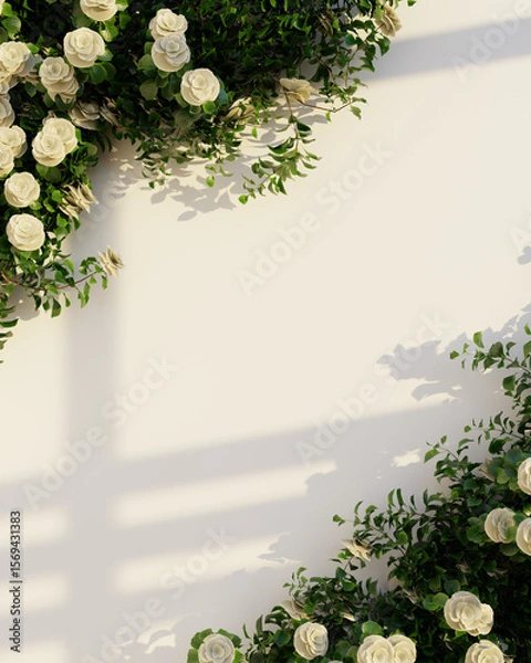 Fototapeta A graceful spread of white roses with lush green leaves on a white background.