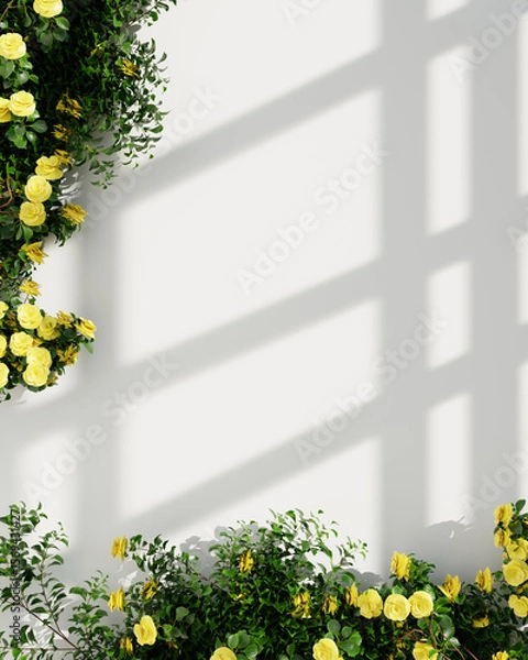 Fototapeta Vibrant blue roses in full bloom against a pristine white wall with dramatic shadows.