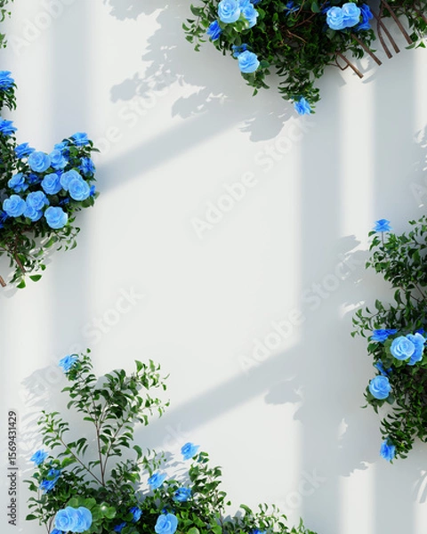 Fototapeta Delicate white roses and green foliage creating soft shadows on a white wall.