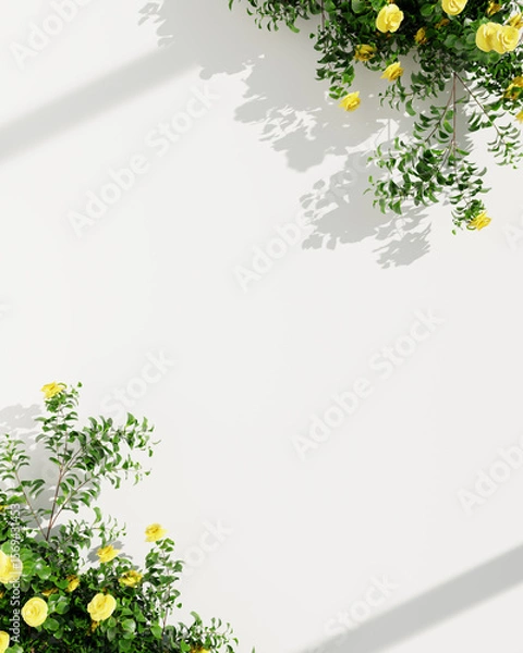 Fototapeta Blue roses with fresh greenery casting subtle shadows on a clean white wall.