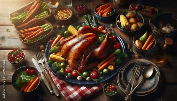 Fototapeta Traditional Thanksgiving Feast with Roasted Turkey and Autumn Harvest Sides 8K Resolution