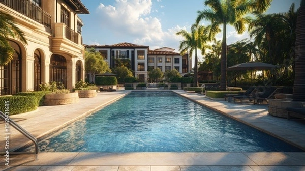 Fototapeta Luxury Condo Swimming Pool with palm trees: An opulent swimming pool nestled between luxurious condos, palm trees under a clear sky offering a serene escape.
