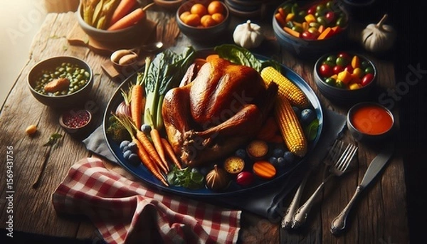 Fototapeta Traditional Thanksgiving Feast with Roasted Turkey and Autumn Harvest Sides 8K Resolution