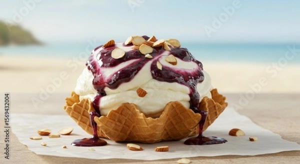 Obraz Creamy Blueberry Ice Cream Sundae with Almonds in Waffle Bowl