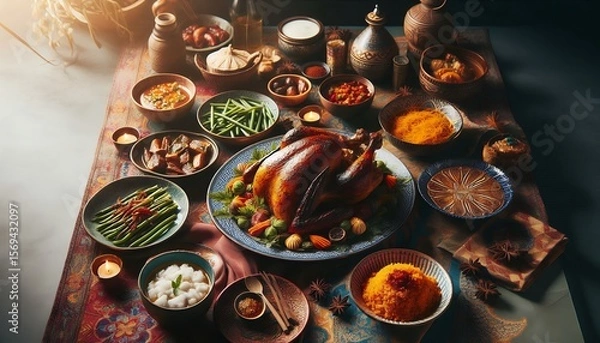 Fototapeta Traditional Thanksgiving Feast with Roasted Turkey and Autumn Harvest Sides 8K Resolution