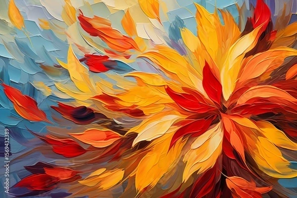 Fototapeta Abstract oil painting featuring a dynamic composition of colorful petals swirling in a gentle breeze, creating a sense of motion and energy