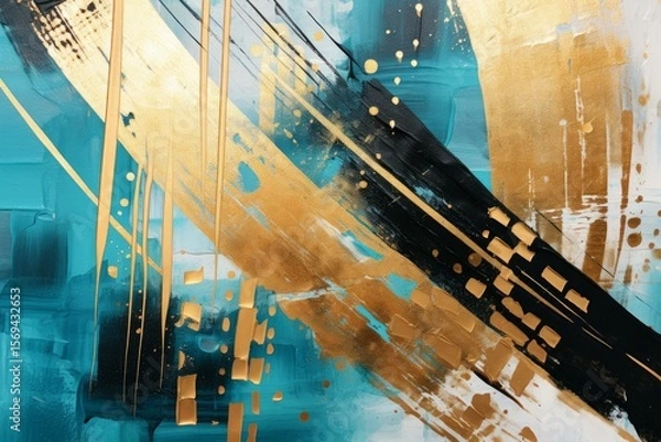 Fototapeta Gold, black and turquoise brushstrokes create a dynamic and visually captivating abstract painting