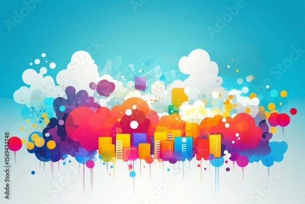 Fototapeta Dynamic cityscape blending vibrant colors and abstract cloud forms