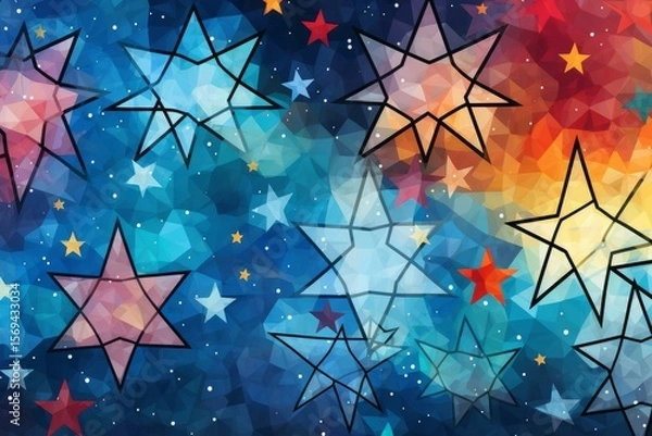 Fototapeta Colorful geometric stars shine brightly against a vibrant, polygonal cosmic backdrop, creating a festive and celebratory atmosphere