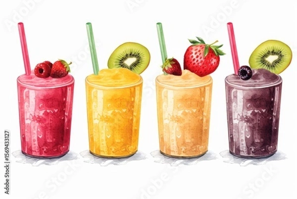 Fototapeta Watercolor painting showcasing a vibrant array of fruit smoothies, each topped with fresh ingredients and presented in glasses with colorful straws