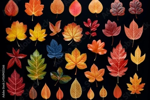 Fototapeta Autumn leaves creating a colorful pattern on a black background, showcasing the beauty of fall foliage