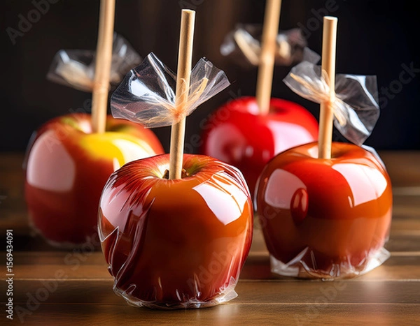 Fototapeta Close-up of a caramel apple wrapped in cellophane