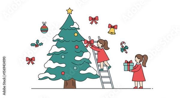 Fototapeta Children decorating a snowy christmas tree with ornaments and presents for the holidays