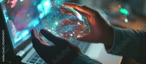 Fototapeta Digital Innovation:  Hands Gently Holding a Futuristic Hologram Network