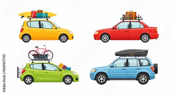 Fototapeta Four Cars Ready for Travel with Roof Racks and Luggage