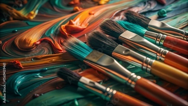 Fototapeta Abstract colorful vibrant paint brush strokes art background. Broad brushes, use of palette knife, dynamic, expressive, artistic, painterly pattern texture wallpaper backdrop
