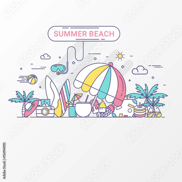 Fototapeta Summer beach concept. Holiday contains graphic element snorkel, beach umbrella, coconut juice, beach hat, surfboard, coconut tree, ice cream. For summer advertisement, travel leaflet, party brochure.