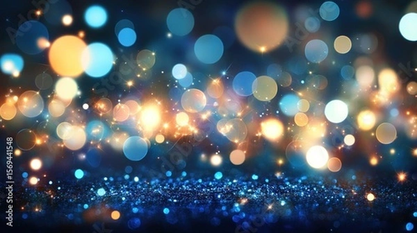 Fototapeta Sparkling Blue and Gold Festive Bokeh Background