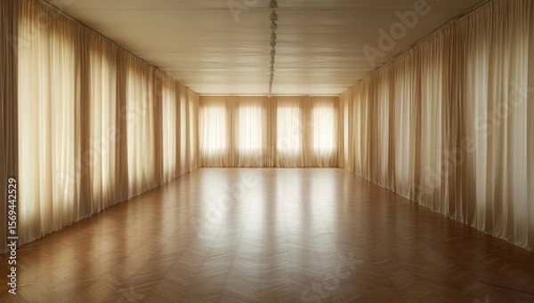Fototapeta Empty Hall with Sheer Curtains and Wooden Floor