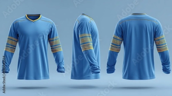 Fototapeta Blue floorball jersey mockup with yellow stripes, front, side, back views on blue background
