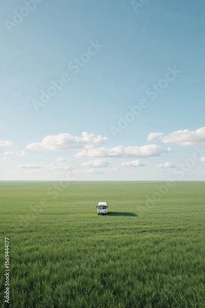 Fototapeta "Tranquil 3D Landscape with a Small Bus on a Serene Field"
