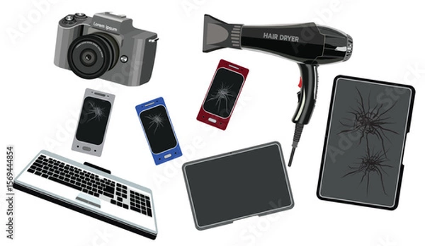 Fototapeta A collection of common broken electronic devices like smartphones, a camera, keyboard, and hair dryer, in a flat vector style