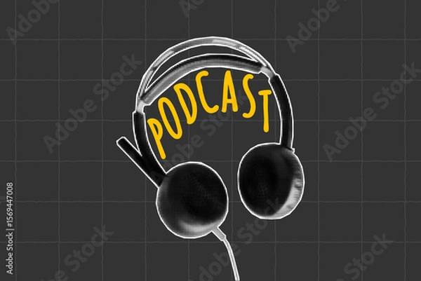 Fototapeta Vintage halftone collage of podcast visuals, zine cutout headphones. Bright yellow pop art doodles, punk style broadcasting, live audio and digital media layout.