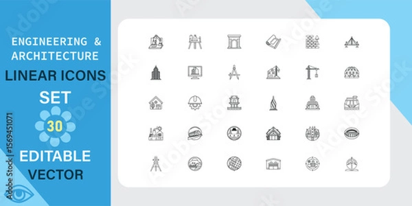 Fototapeta Editable Vector Linear Icons Engineering, Architecture, Building Designs