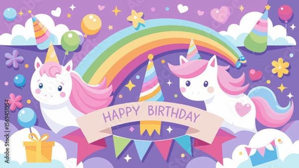 Fototapeta Cute unicorns celebrate happy birthday with rainbow and party decorations