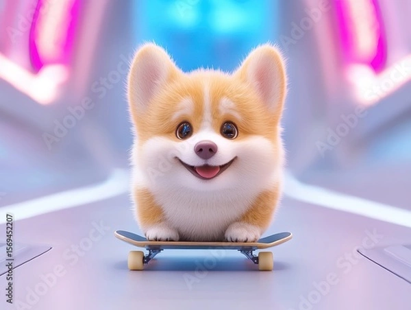 Fototapeta A cute corgi puppy skillfully skateboards, exuding playfulness and joy in a vibrant, colorful setting.