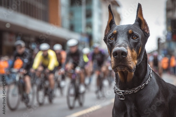 Fototapeta A doberman pinscher with a chain collar watching a bicycle race in the city street