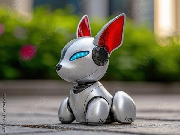 Fototapeta A charming robotic dog with red ears and blue eyes, sitting amidst vibrant greenery, showcasing a fusion of technology and playfulness.
