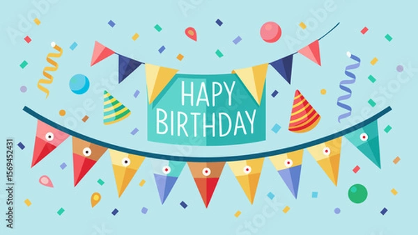 Fototapeta Festive happy birthday banner with colorful bunting flags and confetti
