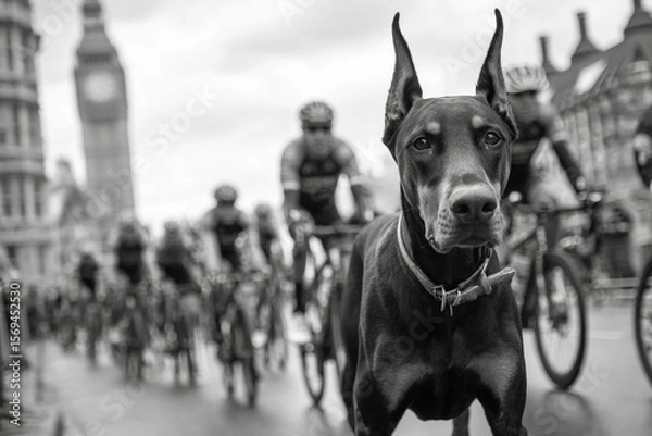 Fototapeta A doberman stands out in a crowd of cyclists near big ben in black and white