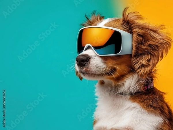 Fototapeta A stylish dog wearing sunglasses poses against a vibrant background, exuding confidence and charm.