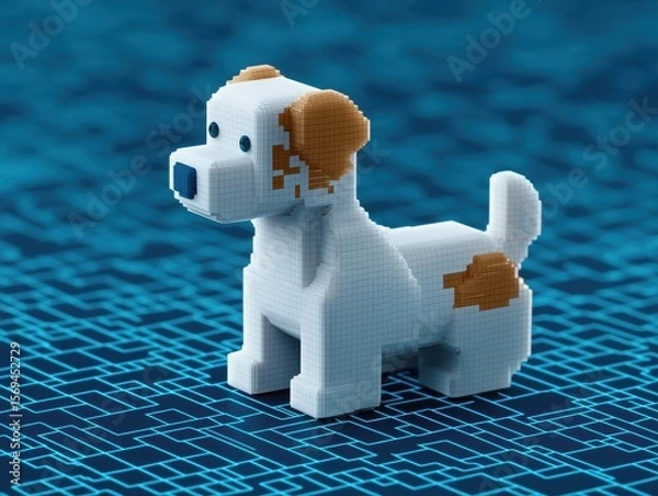 Fototapeta A pixelated dog figure stands on a digital blue background, showcasing a playful and modern design.