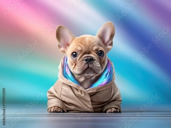 Fototapeta A stylish French Bulldog in a cozy coat, set against a colorful, abstract background.