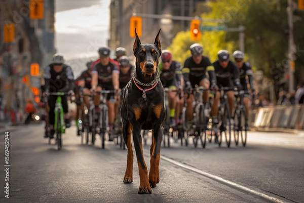 Fototapeta A doberman pinscher walking in front of a group of cyclists on a city street