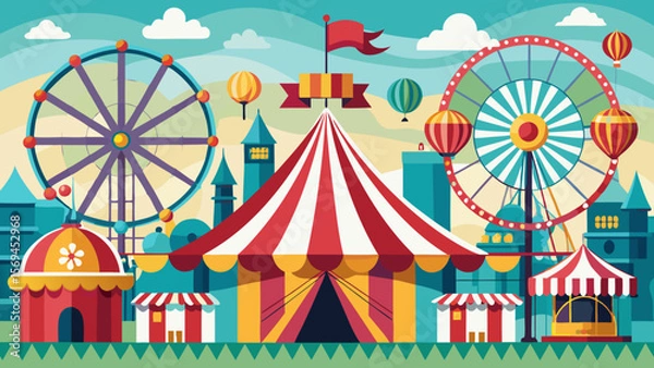 Fototapeta Vibrant illustration of a colorful carnival with ferris wheels and circus tent