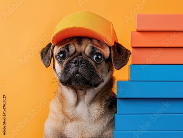 Fototapeta A cute pug wearing an orange cap sits beside colorful stacked boxes against a vibrant orange background.