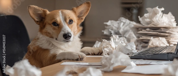 Fototapeta Corgi dog sitting at desk with crumpled paper and laptop looking at the camera