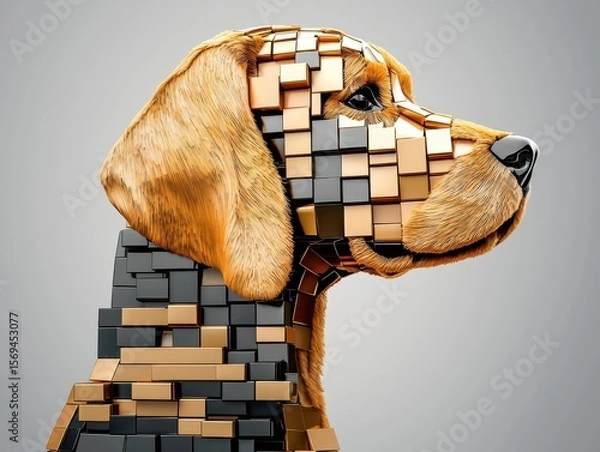 Fototapeta A stylized depiction of a dog, integrating geometric shapes and textures to create a mosaic-like effect.