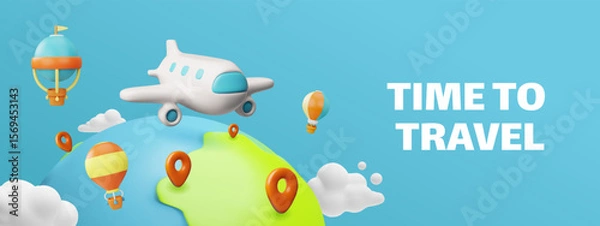 Fototapeta 3D banner with an airplane and hot air balloons flying over the planet earth.