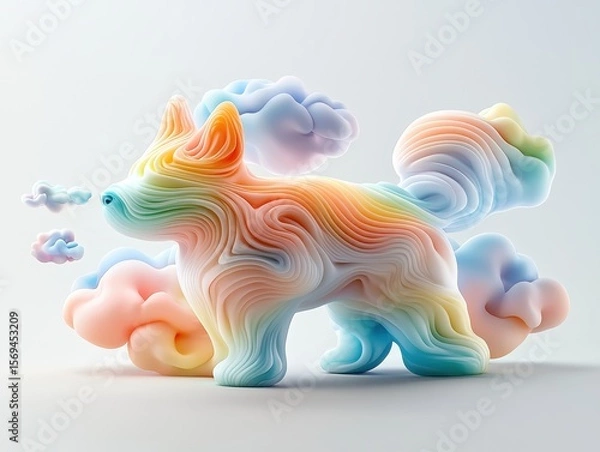 Fototapeta A colorful, stylized dog figure surrounded by soft clouds, showcasing a blend of pastel hues and fluid shapes.