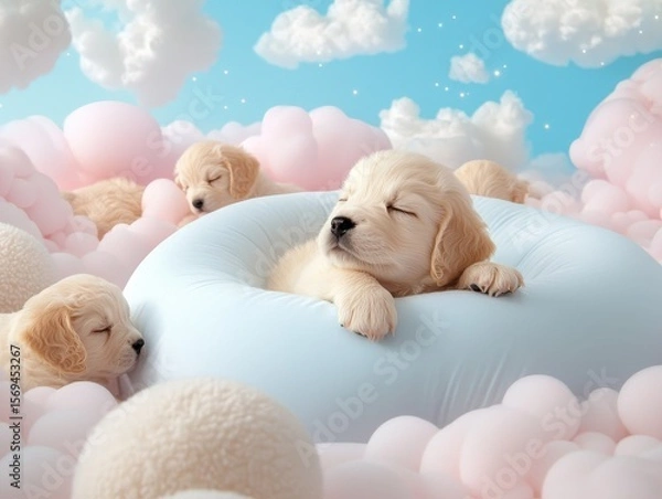 Fototapeta Four adorable puppies sleep peacefully on fluffy clouds, surrounded by soft pink fluff, creating an enchanting and dreamy atmosphere.