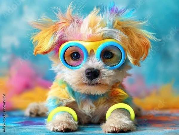 Fototapeta A colorful, fluffy dog with vibrant hair and oversized glasses poses playfully against a bright backdrop, exuding charm and whimsy.